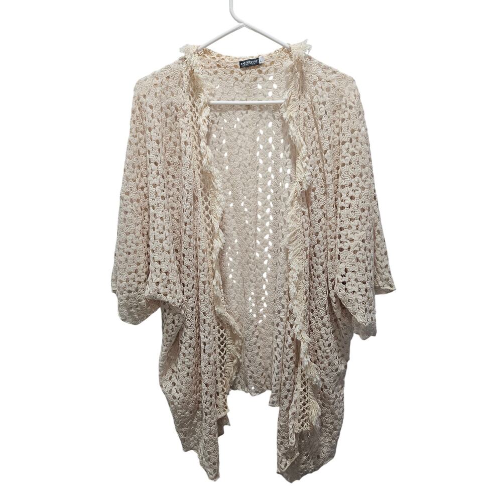 Earthbound Trading Co Crochet Open Front Kimono Cardigan Fringe Boho L